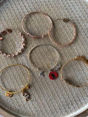 Lot of 6 Alex & Ani Disney Bracelets: Mickey, Minnie, Disneyland w accent bangle
